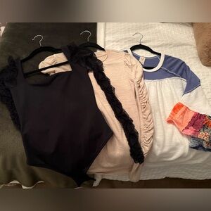 3 Free People Tops - Black Ruffle Bodysuit and Beige Ruched Top and colorful Top